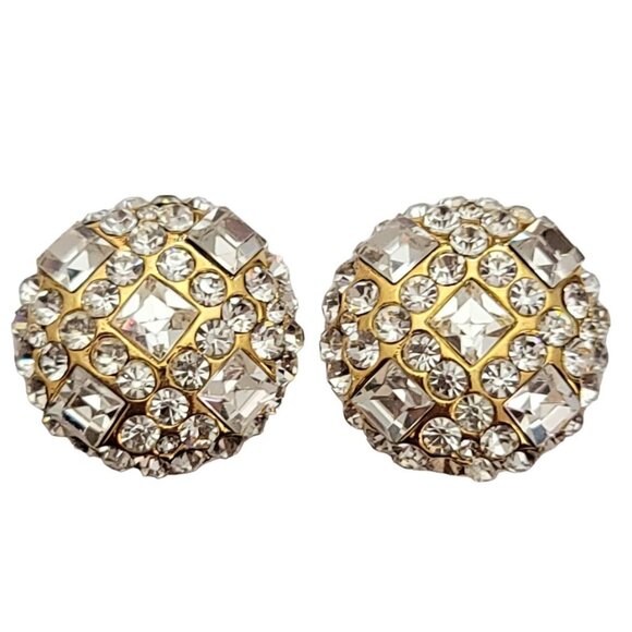 Jarin Gold Tone Round Clear Rhinestone Clip-On Earrings, Signed E971 - Picture 8 of 8